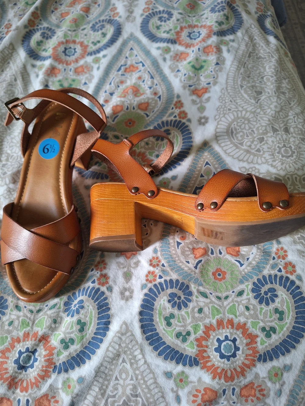 MIA Tan Brown Wood-Style Block Heel Platform Sandals 6.5